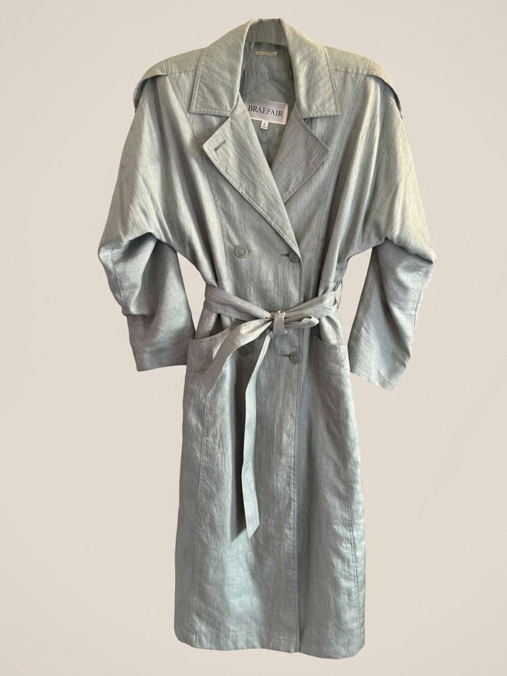 Braefair Sage Green vintage Belted shoulder pads Trench Coat 80’s